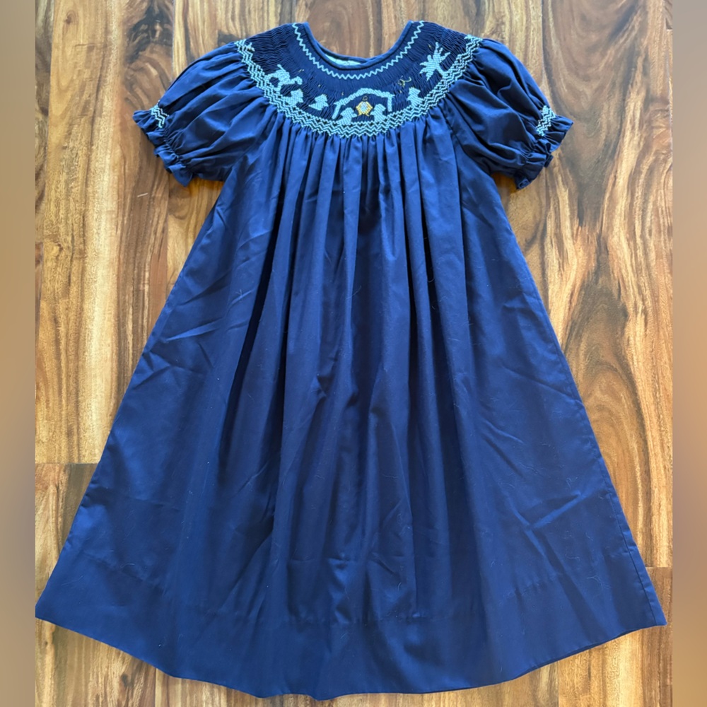 Rosalina Collection Girls Smocked Bishop Dress Size 5 Navy Nativity Christmas